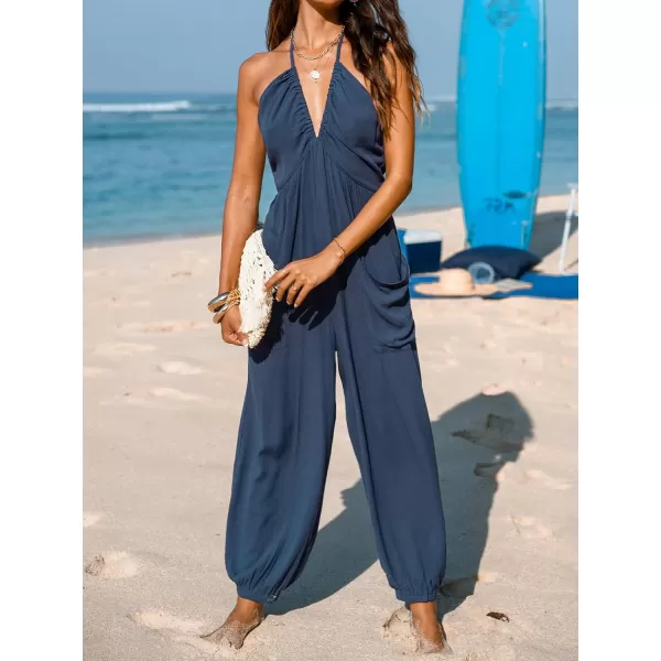 imageCUPSHE Womens Plunge Halter Sleeveless Pleated Long Romper Knit Jogger Maxi Jumpsuit with PocketsNavy Blue