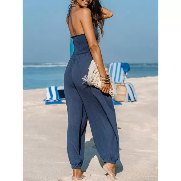 imageCUPSHE Womens Plunge Halter Sleeveless Pleated Long Romper Knit Jogger Maxi Jumpsuit with PocketsNavy Blue