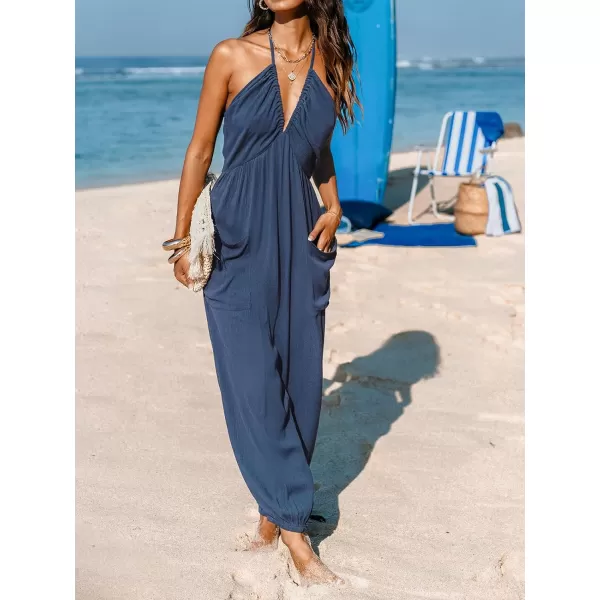 imageCUPSHE Womens Plunge Halter Sleeveless Pleated Long Romper Knit Jogger Maxi Jumpsuit with PocketsNavy Blue