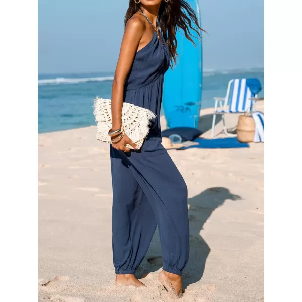 imageCUPSHE Womens Plunge Halter Sleeveless Pleated Long Romper Knit Jogger Maxi Jumpsuit with PocketsNavy Blue