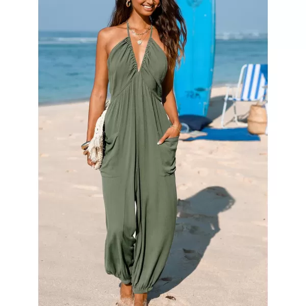 imageCUPSHE Womens Plunge Halter Sleeveless Pleated Long Romper Knit Jogger Maxi Jumpsuit with PocketsOlive Green