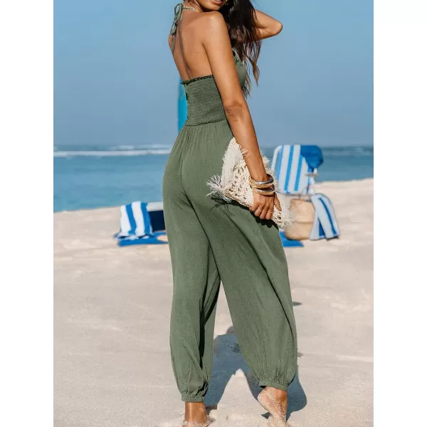 imageCUPSHE Womens Plunge Halter Sleeveless Pleated Long Romper Knit Jogger Maxi Jumpsuit with PocketsOlive Green