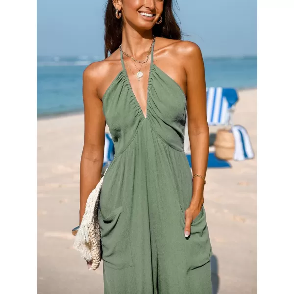 imageCUPSHE Womens Plunge Halter Sleeveless Pleated Long Romper Knit Jogger Maxi Jumpsuit with PocketsSage Green