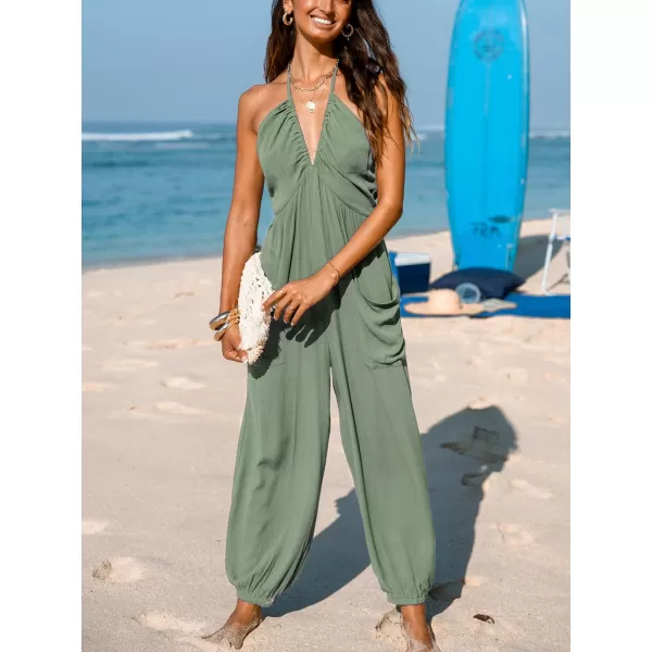 imageCUPSHE Womens Plunge Halter Sleeveless Pleated Long Romper Knit Jogger Maxi Jumpsuit with PocketsSage Green