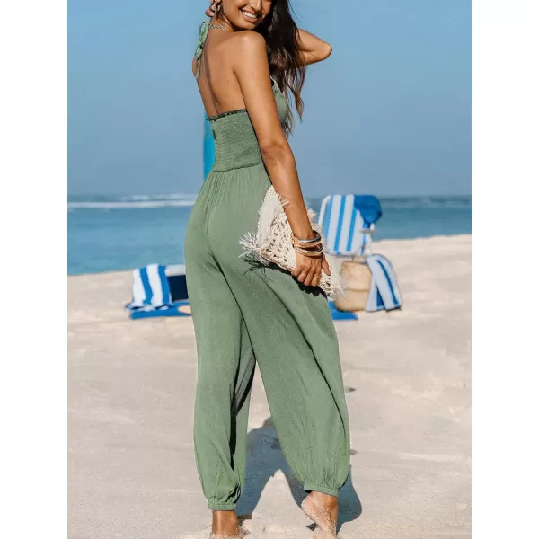 imageCUPSHE Womens Plunge Halter Sleeveless Pleated Long Romper Knit Jogger Maxi Jumpsuit with PocketsSage Green
