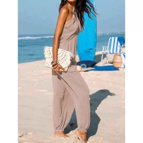 imageCUPSHE Womens Plunge Halter Sleeveless Pleated Long Romper Knit Jogger Maxi Jumpsuit with PocketsSand
