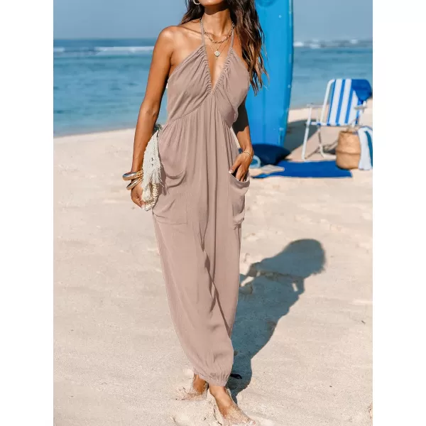 imageCUPSHE Womens Plunge Halter Sleeveless Pleated Long Romper Knit Jogger Maxi Jumpsuit with PocketsSand