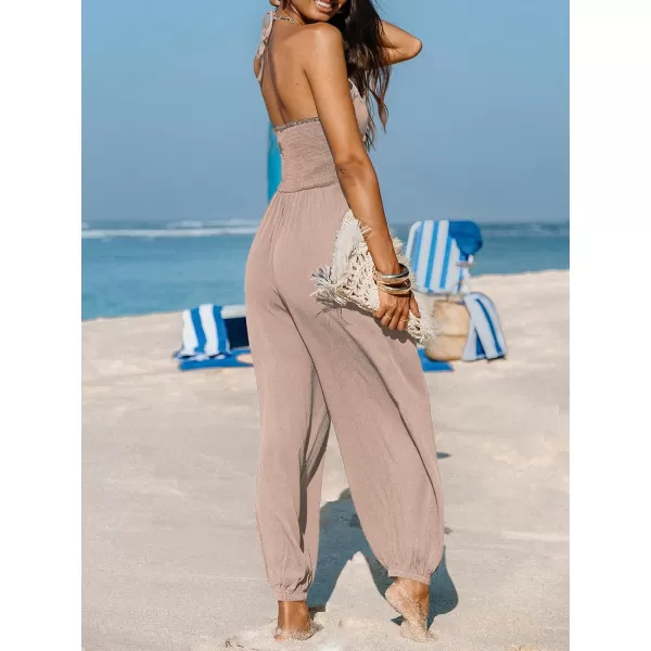 imageCUPSHE Womens Plunge Halter Sleeveless Pleated Long Romper Knit Jogger Maxi Jumpsuit with PocketsSand
