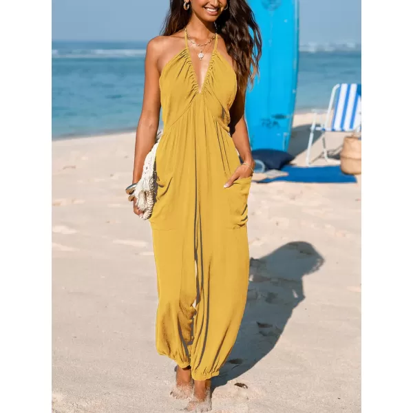 imageCUPSHE Womens Plunge Halter Sleeveless Pleated Long Romper Knit Jogger Maxi Jumpsuit with PocketsYellow
