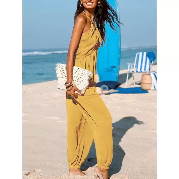 imageCUPSHE Womens Plunge Halter Sleeveless Pleated Long Romper Knit Jogger Maxi Jumpsuit with PocketsYellow