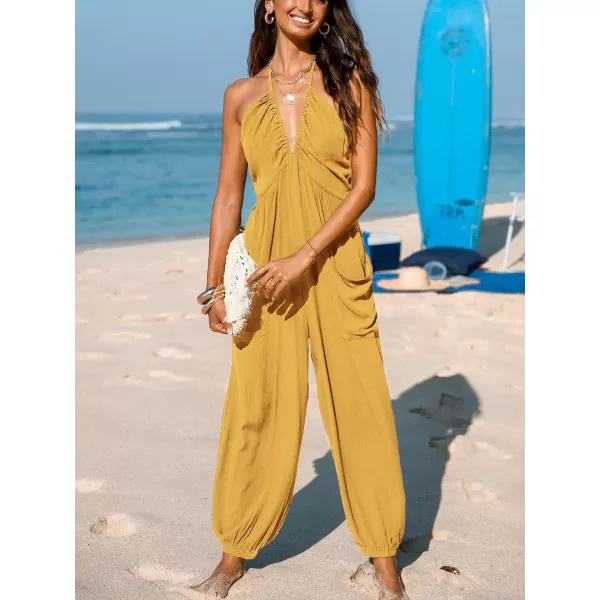 imageCUPSHE Womens Plunge Halter Sleeveless Pleated Long Romper Knit Jogger Maxi Jumpsuit with PocketsYellow