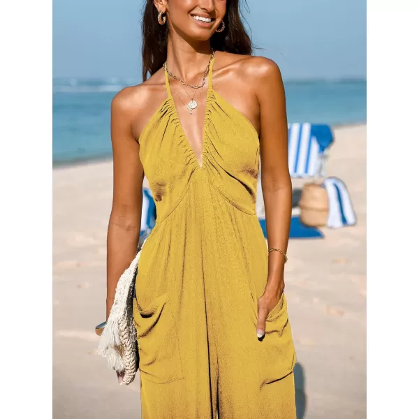 imageCUPSHE Womens Plunge Halter Sleeveless Pleated Long Romper Knit Jogger Maxi Jumpsuit with PocketsYellow