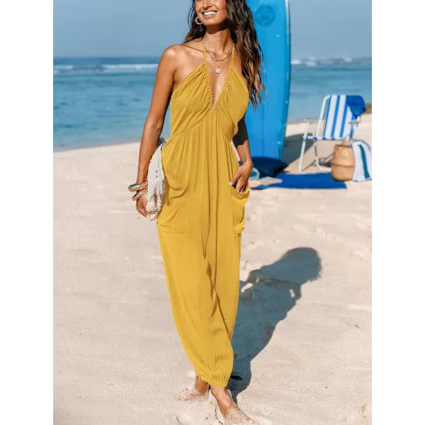 imageCUPSHE Womens Plunge Halter Sleeveless Pleated Long Romper Knit Jogger Maxi Jumpsuit with PocketsYellow