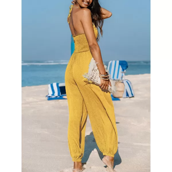 imageCUPSHE Womens Plunge Halter Sleeveless Pleated Long Romper Knit Jogger Maxi Jumpsuit with PocketsYellow