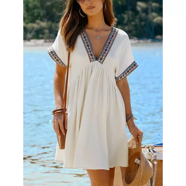 imageCUPSHE Womens Plunge V Neck Beach Dress Cotton Smocked Waist Short Sleeve Mini Casual Summer DressesBeige