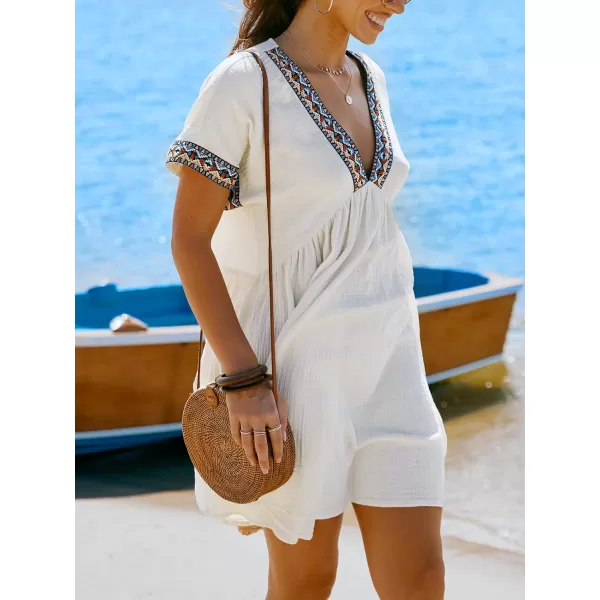 imageCUPSHE Womens Plunge V Neck Beach Dress Cotton Smocked Waist Short Sleeve Mini Casual Summer DressesBeige