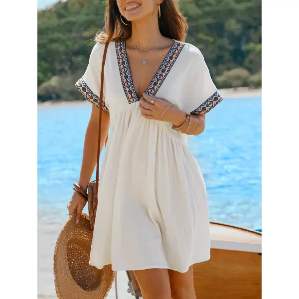 imageCUPSHE Womens Plunge V Neck Beach Dress Cotton Smocked Waist Short Sleeve Mini Casual Summer DressesBeige