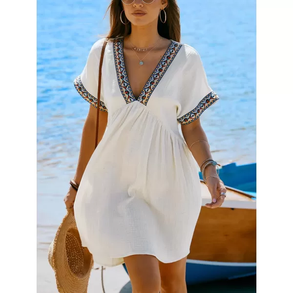 imageCUPSHE Womens Plunge V Neck Beach Dress Cotton Smocked Waist Short Sleeve Mini Casual Summer DressesBeige