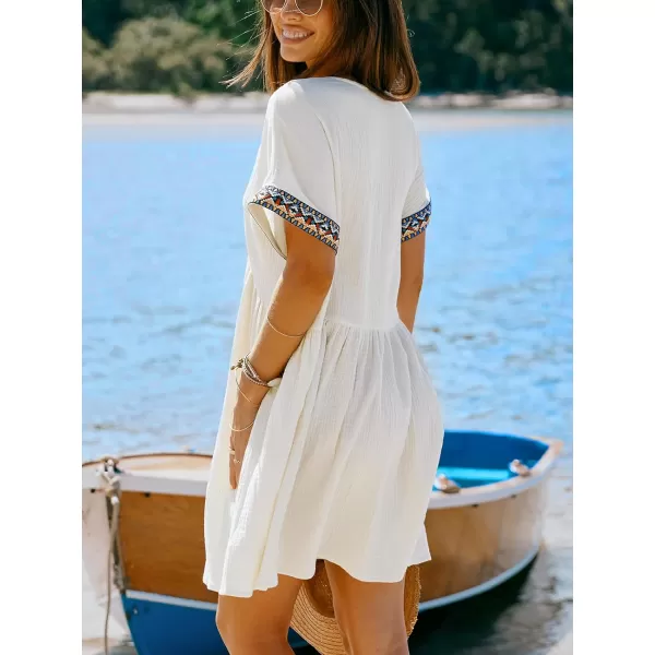 imageCUPSHE Womens Plunge V Neck Beach Dress Cotton Smocked Waist Short Sleeve Mini Casual Summer DressesBeige