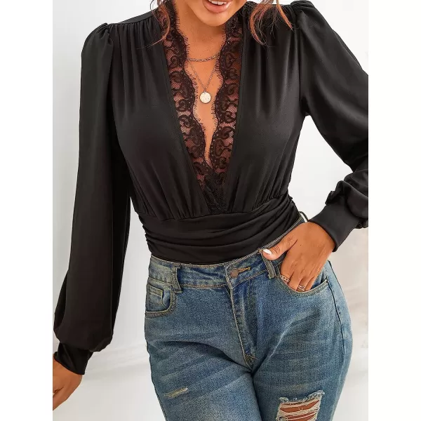 imageCUPSHE Womens Plunge Vneck Lace Trim Long Sleeve Bodysuit Party Shirred Bottoming Blouse TopsBlack