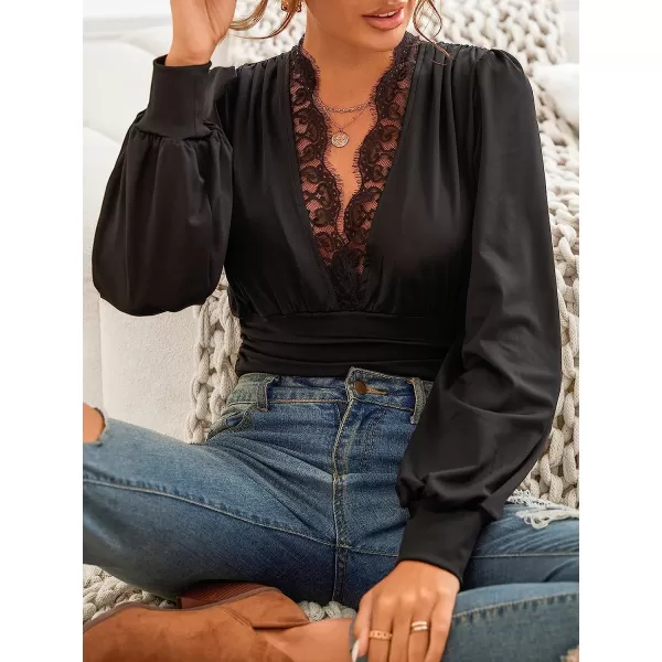 imageCUPSHE Womens Plunge Vneck Lace Trim Long Sleeve Bodysuit Party Shirred Bottoming Blouse TopsBlack