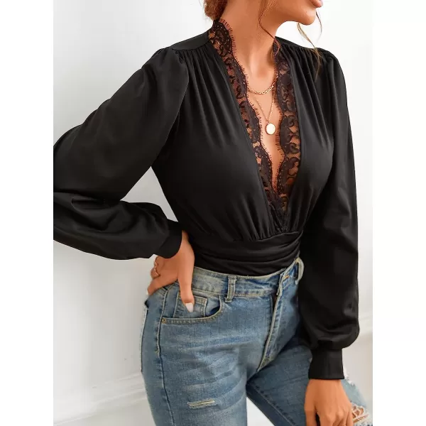 imageCUPSHE Womens Plunge Vneck Lace Trim Long Sleeve Bodysuit Party Shirred Bottoming Blouse TopsBlack