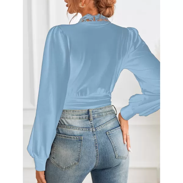 imageCUPSHE Womens Plunge Vneck Lace Trim Long Sleeve Bodysuit Party Shirred Bottoming Blouse TopsBlue