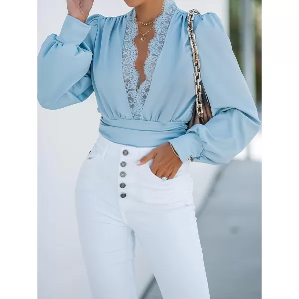 imageCUPSHE Womens Plunge Vneck Lace Trim Long Sleeve Bodysuit Party Shirred Bottoming Blouse TopsBlue