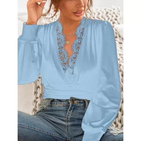 imageCUPSHE Womens Plunge Vneck Lace Trim Long Sleeve Bodysuit Party Shirred Bottoming Blouse TopsBlue