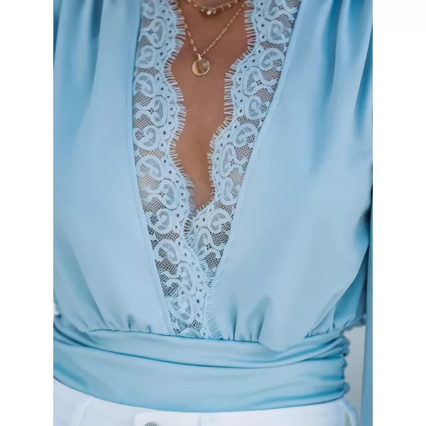 imageCUPSHE Womens Plunge Vneck Lace Trim Long Sleeve Bodysuit Party Shirred Bottoming Blouse TopsBlue