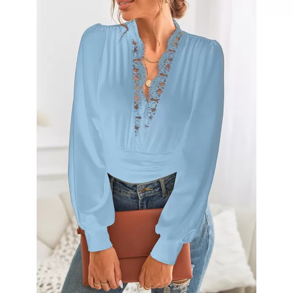 imageCUPSHE Womens Plunge Vneck Lace Trim Long Sleeve Bodysuit Party Shirred Bottoming Blouse TopsBlue