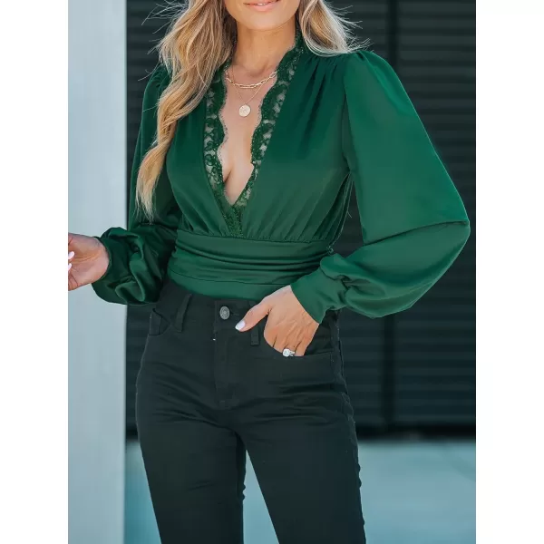 imageCUPSHE Womens Plunge Vneck Lace Trim Long Sleeve Bodysuit Party Shirred Bottoming Blouse TopsGreen
