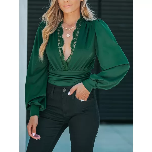 imageCUPSHE Womens Plunge Vneck Lace Trim Long Sleeve Bodysuit Party Shirred Bottoming Blouse TopsGreen
