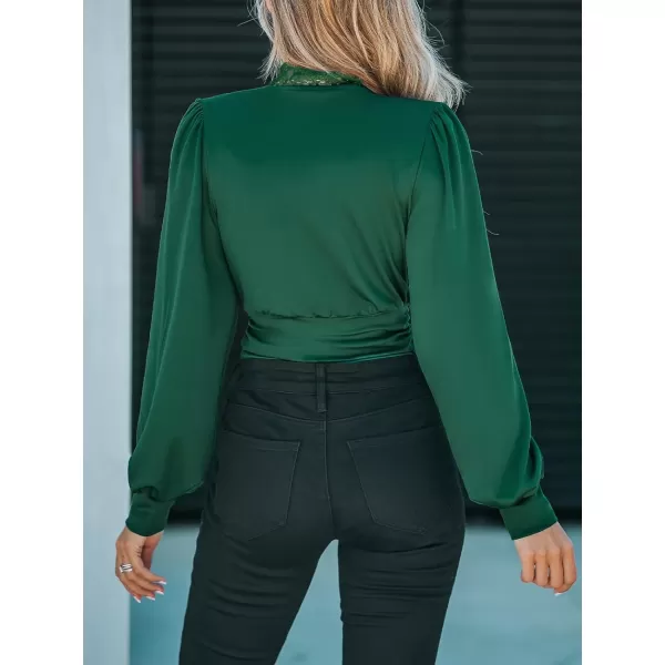 imageCUPSHE Womens Plunge Vneck Lace Trim Long Sleeve Bodysuit Party Shirred Bottoming Blouse TopsGreen