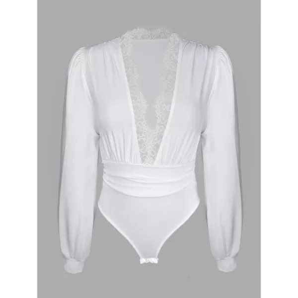 imageCUPSHE Womens Plunge Vneck Lace Trim Long Sleeve Bodysuit Party Shirred Bottoming Blouse TopsWhite