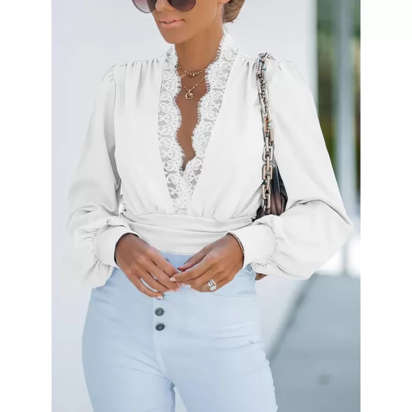 imageCUPSHE Womens Plunge Vneck Lace Trim Long Sleeve Bodysuit Party Shirred Bottoming Blouse TopsWhite