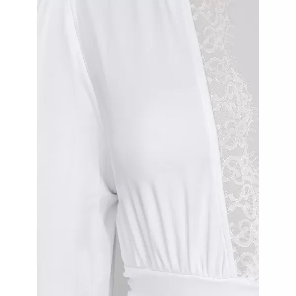 imageCUPSHE Womens Plunge Vneck Lace Trim Long Sleeve Bodysuit Party Shirred Bottoming Blouse TopsWhite