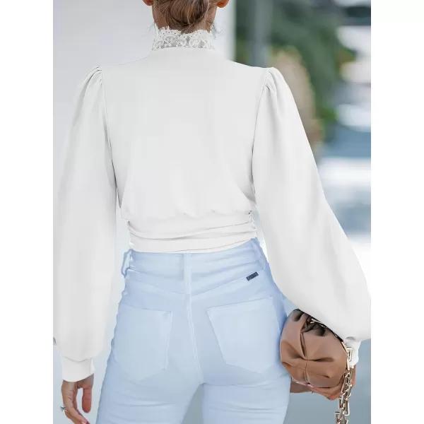 imageCUPSHE Womens Plunge Vneck Lace Trim Long Sleeve Bodysuit Party Shirred Bottoming Blouse TopsWhite