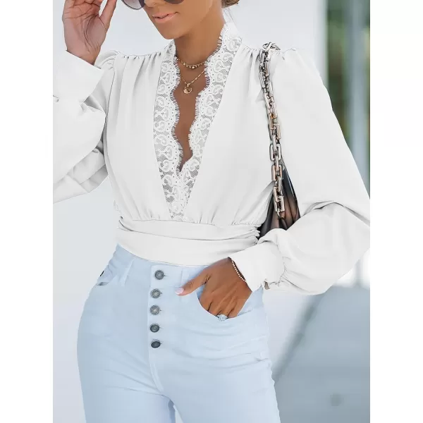 imageCUPSHE Womens Plunge Vneck Lace Trim Long Sleeve Bodysuit Party Shirred Bottoming Blouse TopsWhite