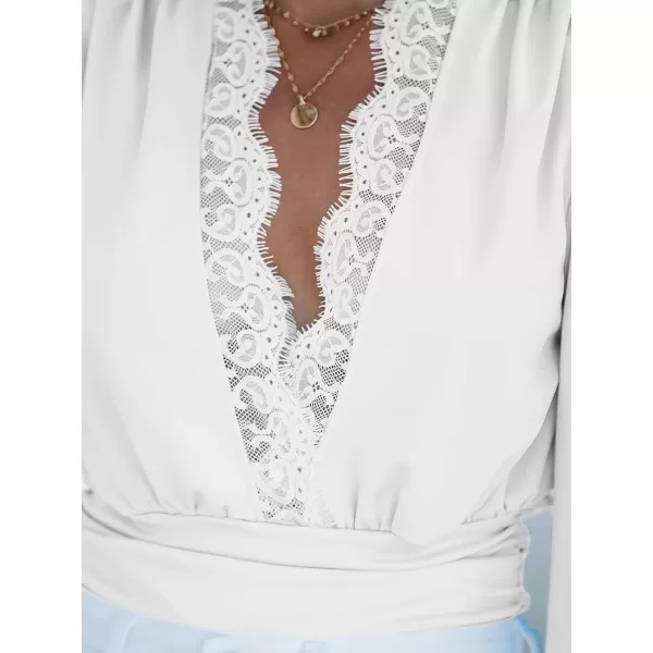 imageCUPSHE Womens Plunge Vneck Lace Trim Long Sleeve Bodysuit Party Shirred Bottoming Blouse TopsWhite