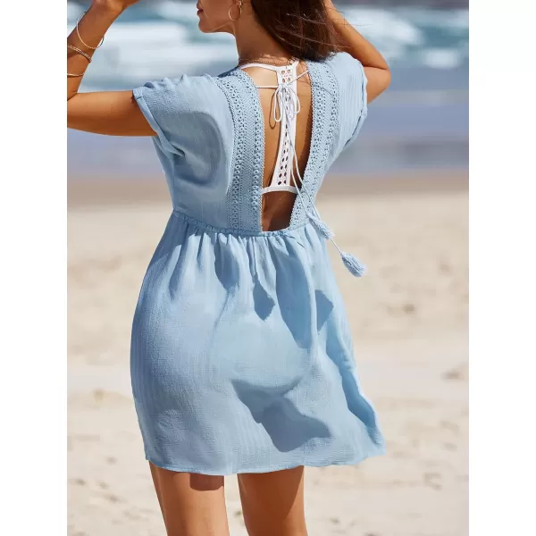 imageCUPSHE Womens Plunging Coverups Open Back Short Sleeves Swimwear Cover Up Mini Dress 2024Baby Blue