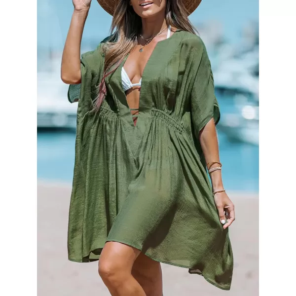 imageCUPSHE Womens Plunging Neck Dolman Sleeve Pleated Cover Up Dress Casual Summer Drawstring Waist Mini Cover UpGreen