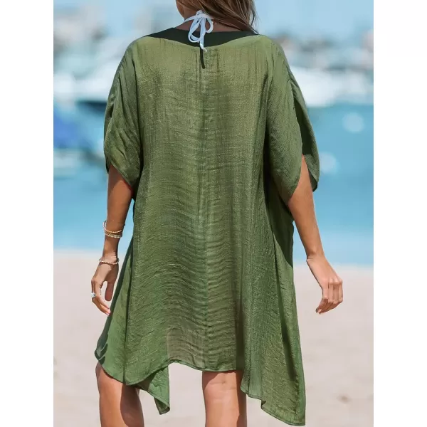 imageCUPSHE Womens Plunging Neck Dolman Sleeve Pleated Cover Up Dress Casual Summer Drawstring Waist Mini Cover UpGreen