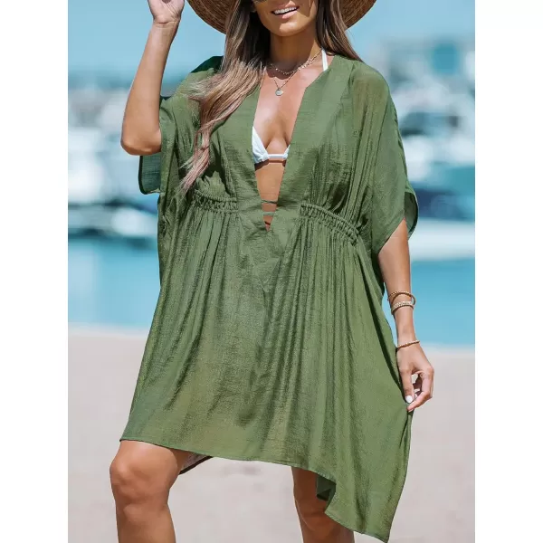 imageCUPSHE Womens Plunging Neck Dolman Sleeve Pleated Cover Up Dress Casual Summer Drawstring Waist Mini Cover UpGreen