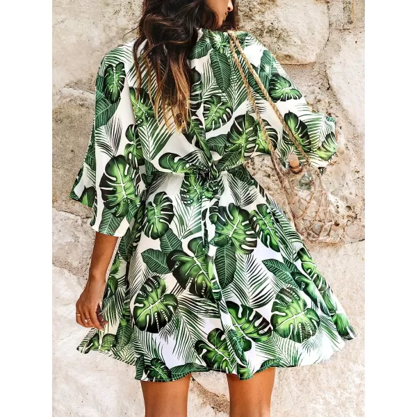 imageCUPSHE Womens Plunging Neckline CoverUp Tropical Leaf Drawstring 34 Sleeves Mini DressGreen Floral