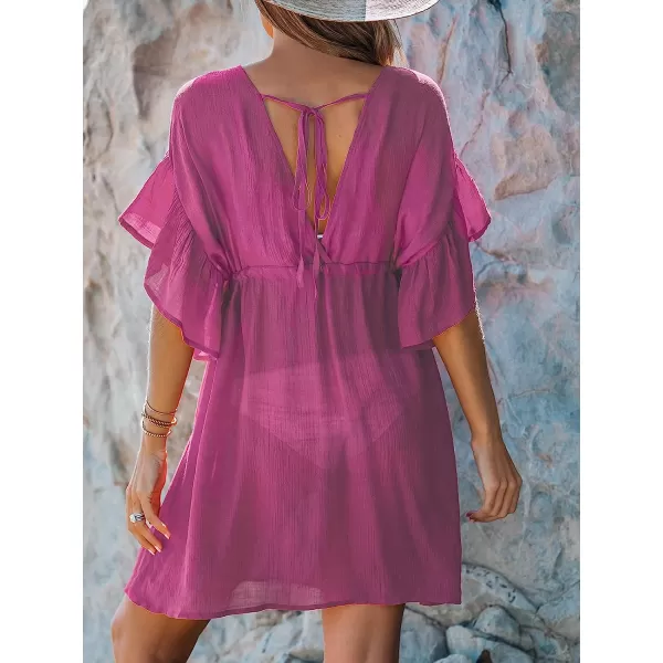 imageCUPSHE Womens Plunging Short Sleeve Ruffled Drawstring Mini Beach CoverUp DressFuchsia