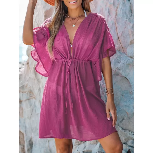 imageCUPSHE Womens Plunging Short Sleeve Ruffled Drawstring Mini Beach CoverUp DressFuchsia