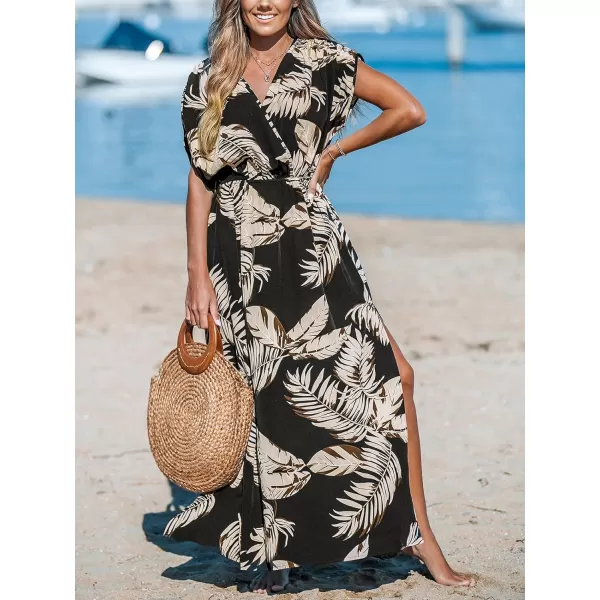 imageCUPSHE Womens Plunging V Neck Dress Tropical Leaves Print Dresses Short Sleeve Split Hem Maxi DressBlack