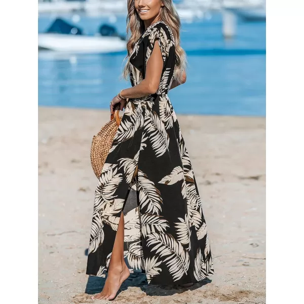 imageCUPSHE Womens Plunging V Neck Dress Tropical Leaves Print Dresses Short Sleeve Split Hem Maxi DressBlack