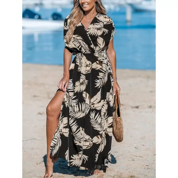 imageCUPSHE Womens Plunging V Neck Dress Tropical Leaves Print Dresses Short Sleeve Split Hem Maxi DressBlack